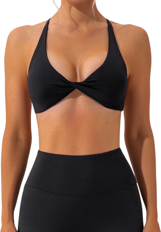 SparkNine Vivavee sport-bh - stijlvolle bra - gedraaide knoop - kruislingsbandjes - S - zwart - V-hals - medium ondersteuning - verwijderbare vulling