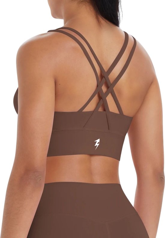 SparkNine Elevate sport-bh - L - bruin - gekruiste rug - push-up effect - stevige ondersteuning - met uitneembare pads