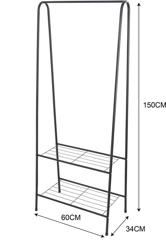 Kledingrek Staand – Kledingrek met Planken – Garderoberek Metaal – Open Kast – Kapstokrek – Zwart – Voor Slaapkamer en Hal