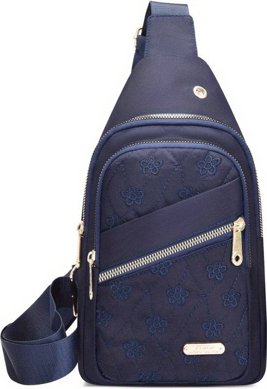 Sasemy - Borsttas Sling Bag Voor Dames - Sling Bag - 2 rits-vakken - Dames - Heren - Blauw - Bloemen print #12 - 30 x 16 x 6 - Reistas - Schoudertas - Rugzak - Crossbody bag - Moederdag Cadeau - Verjaardag Cadeau - Sinterklaas Cadeau - Kerst Cadeau