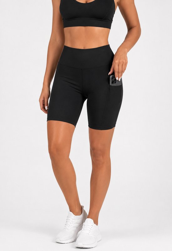 SparkNine Softflow korte sportbroek - met zakken - zachte stof - L - zwart - dames short - half lang - fietsshort