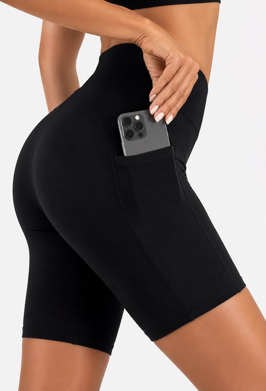 SparkNine Softflow korte sportbroek - met zakken - zachte stof - L - zwart - dames short - half lang - fietsshort