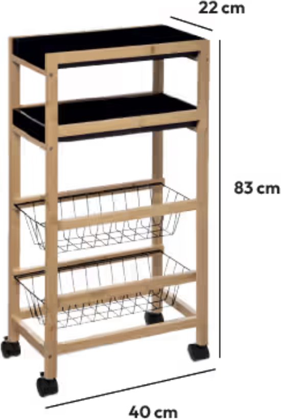 5Five® keukentrolley 4 schappen Bamboe - 40x22x83 cm - Zwart/Bruin