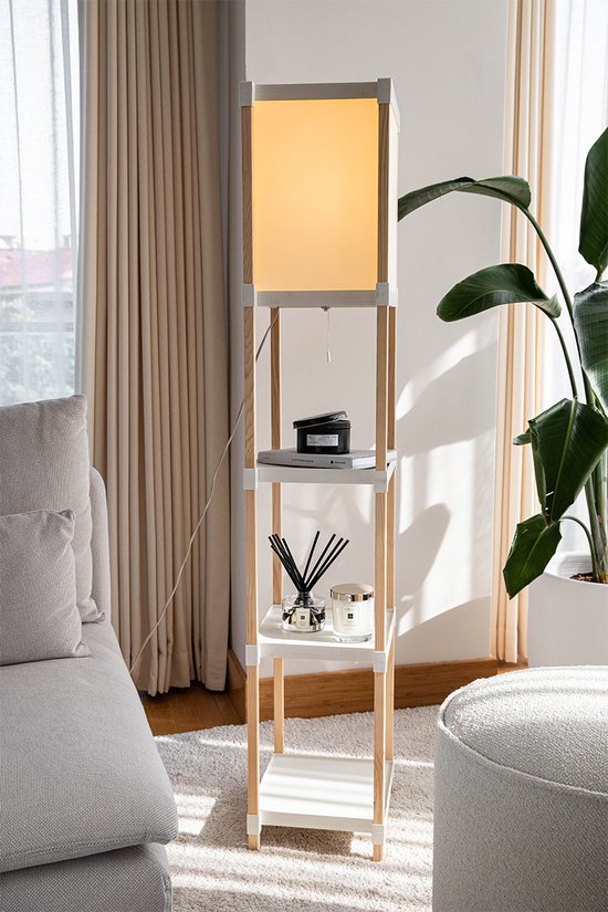 Fixwood Houten Staande Lamp met 3 Planken – Scandinavisch Design – Etagère Vloerlamp – Hout & Linnen – Warm Wit Licht – Voor Woonkamer, Slaapkamer of Kantoor