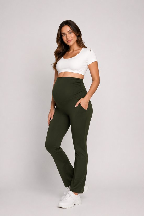 SparkNine Zenstretch zwangerschapslegging - flare broek met steekzakken - S - groen - zachte stof - rekbaar & stijlvol - praktisch - maternity