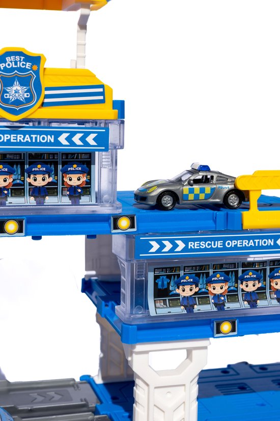 DMG Supply Politiegarage - 4-in-1 - Politiebureau met 2 Metalen Auto’s - 3 Laags Parkeergarage - Speelset