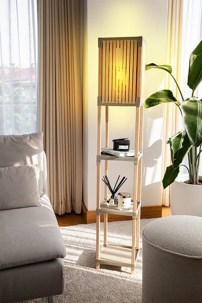 Fixwood Houten Staande Lamp met 3 Planken – Scandinavisch Design – Etagère Vloerlamp – Hout & Linnen – Warm Wit Licht – Voor Woonkamer, Slaapkamer of Kantoor
