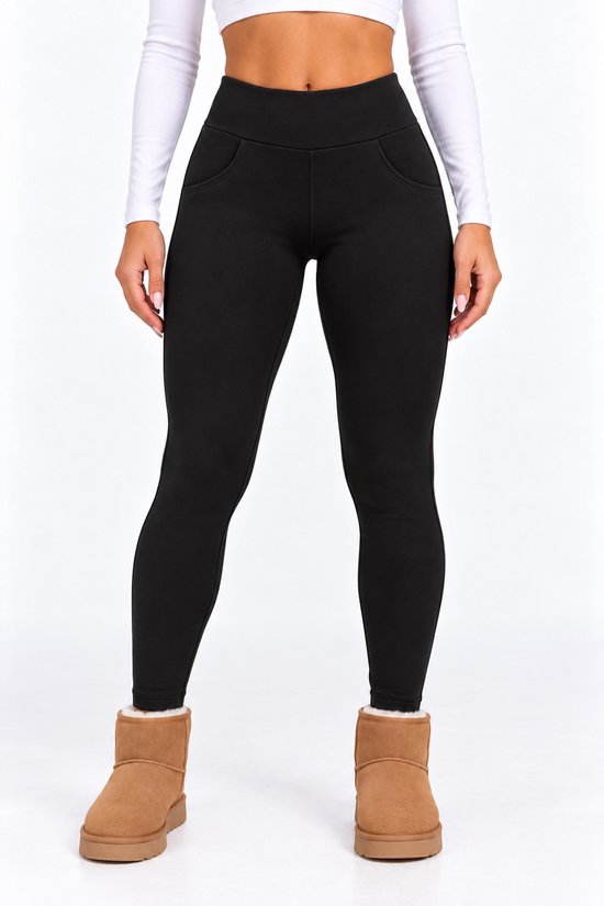 SparkNine Softwarm thermische legging - winterbroek - XXL - zwart - hoge taille - met zijzakken - warm & zacht