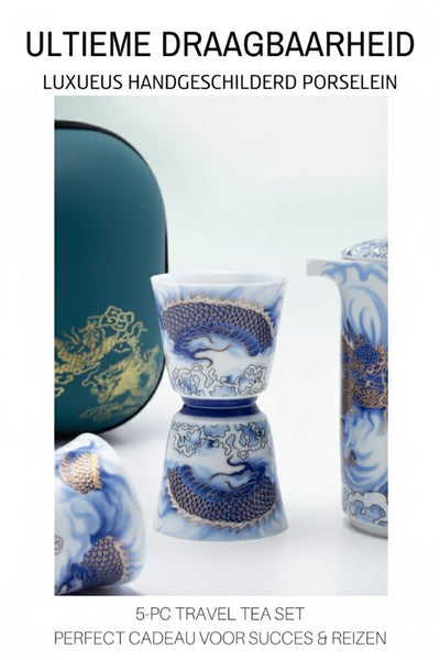 Draagbare Theeset van Porselein – 5-Delige Reistheeset met Handgeschilderde Draak – Luxe Gongfu Theepot & Kopjes