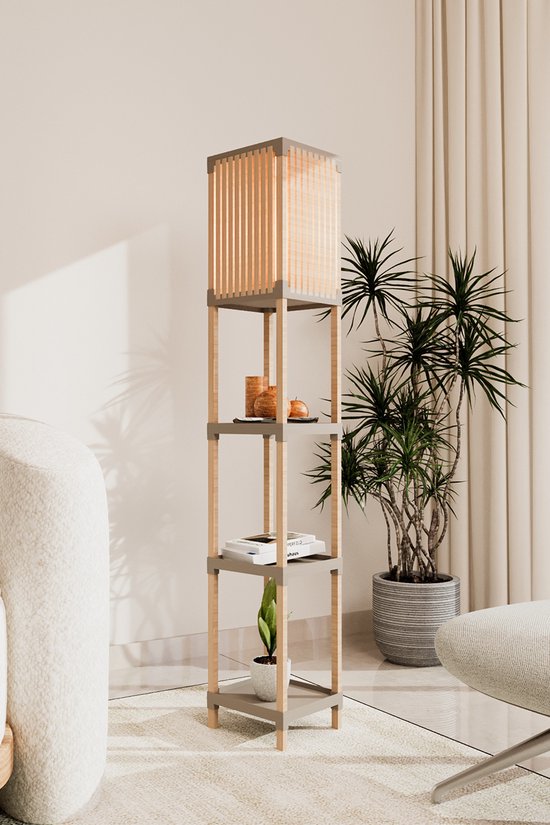 Fixwood Houten Staande Lamp met 3 Planken – Scandinavisch Design – Etagère Vloerlamp – Hout & Linnen – Warm Wit Licht – Voor Woonkamer, Slaapkamer of Kantoor