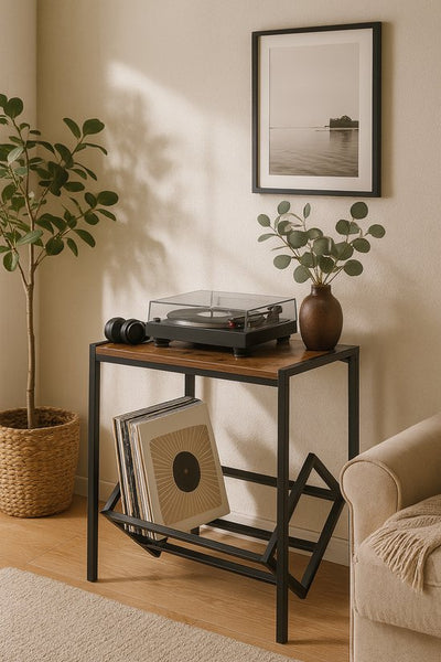 Multifunctioneel LP Opbergsysteem - Zwart met Hout - LP Kast met Wielen - Bijzettafel & Nachtkastje - Langspeelplaat Houder & Organizer - Stijlvol Elpee Rek
