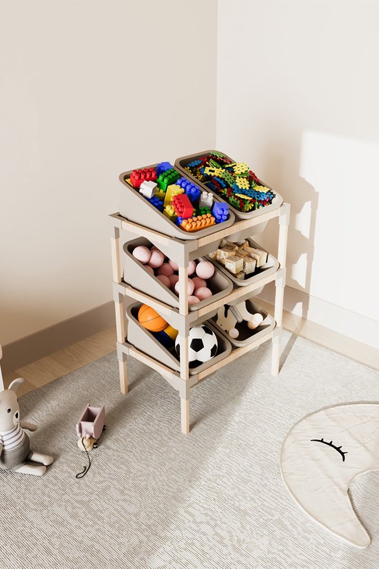 Fixwood 3-laags Opbergrek met 6 uitneembare bakken – Houten Speelgoed- en Groente Organizer – 90x55x39 cm – Duurzaam en multifunctioneel