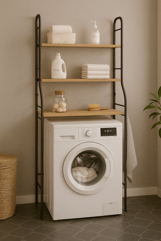 Wasmachine Rek met 3 Planken – Zwart Metaal – Opbergrek voor Boven Wasmachine of Toilet – Stevig & Ruimtebesparend – Industrieel Design – 173x65 cm