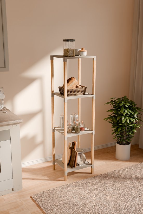 Fixwood Houten Modulaire Opbergrek – Massief Hout & Kunststof – Badkamerrek, Keukenrek of Plantenrek – 105 cm Hoog – Beige-Naturel