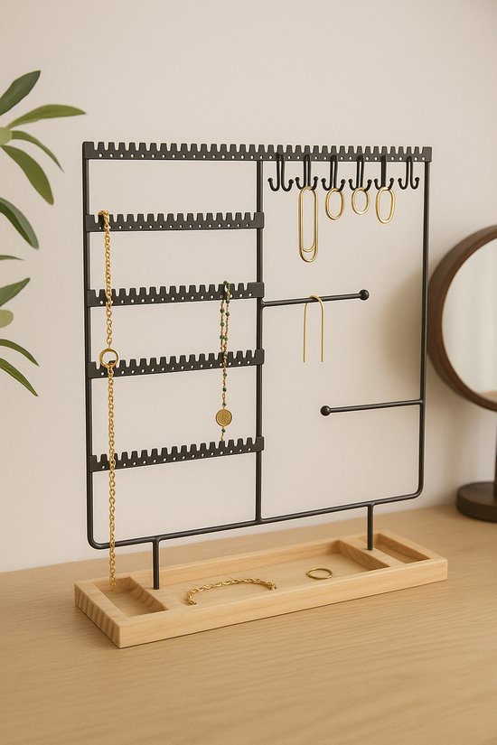 Sieradenhouder met Houten Bodem – Metalen Sieradenrek voor Kettingen, Oorbellen & Armbanden – Industrieel Design – Organizer voor Sieraden – Zwart & Hout