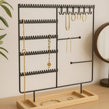Sieradenhouder met Houten Bodem – Metalen Sieradenrek voor Kettingen, Oorbellen & Armbanden – Industrieel Design – Organizer voor Sieraden – Zwart & Hout