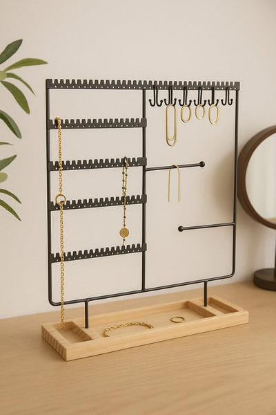 Sieradenhouder met Houten Bodem – Metalen Sieradenrek voor Kettingen, Oorbellen & Armbanden – Industrieel Design – Organizer voor Sieraden – Zwart & Hout