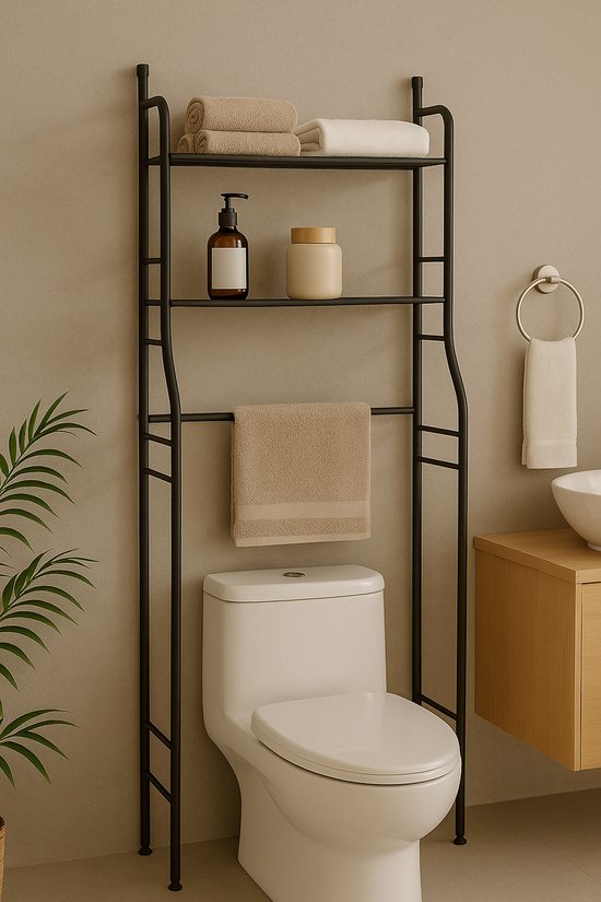 Wasmachine Rek met 3 Planken – Zwart Metaal – Opbergrek voor Boven Wasmachine of Toilet – Stevig & Ruimtebesparend – Industrieel Design – 173x65 cm