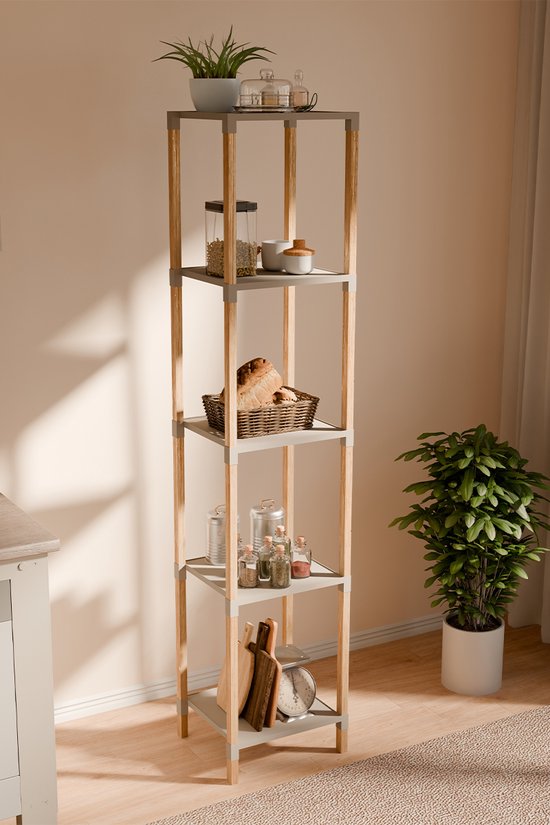 Fixwood Houten Modulaire Opbergrek – Massief Hout & Kunststof – Badkamerrek, Keukenrek of Plantenrek – 127 cm Hoog – Beige-Naturel