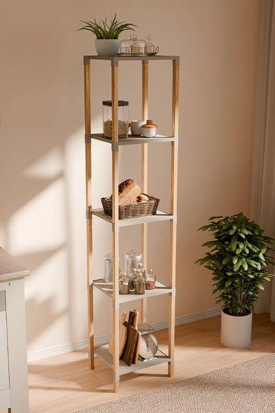Fixwood Houten Modulaire Opbergrek – Massief Hout & Kunststof – Badkamerrek, Keukenrek of Plantenrek – 127 cm Hoog – Beige-Naturel