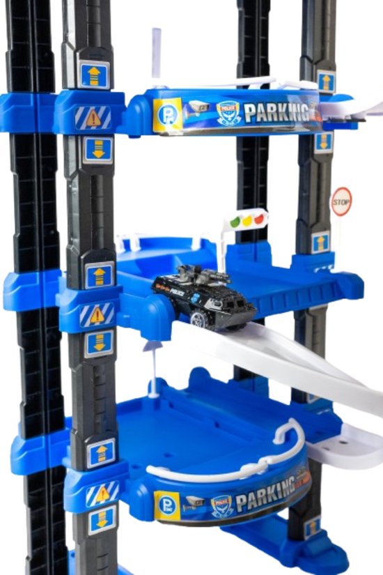 DMG Supply Politiegarage Speelset - 3-Laagse Speelgoedgarage met Lift en Helikopterplatform - Met 2 Auto’s en 1 Helikopter - Vanaf 3 Jaar