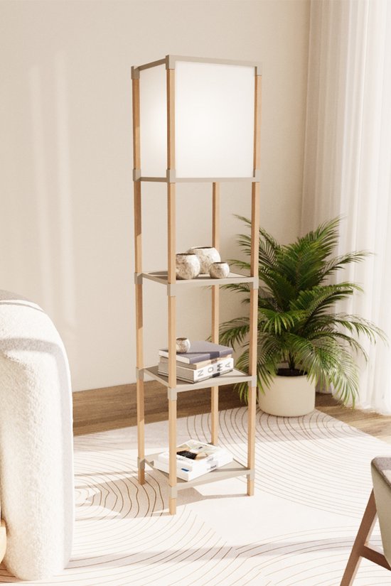 Fixwood Houten Staande Lamp met 3 Planken – Scandinavisch Design – Etagère Vloerlamp – Hout & Linnen – Warm Wit Licht – Voor Woonkamer, Slaapkamer of Kantoor