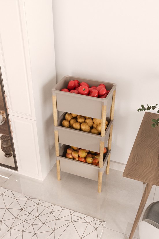 Fixwood Houten 3-Laags Opbergrek – 95x30x30 cm – Multifunctioneel Rek voor Keuken, Badkamer & Speelkamer – Massief Hout & Stevig Kunststof – Eenvoudig te Monteren
