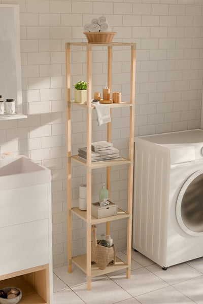 Fixwood Houten Modulaire Opbergrek – Massief Hout & Kunststof – Badkamerrek, Keukenrek of Plantenrek – 127 cm Hoog – Beige-Naturel