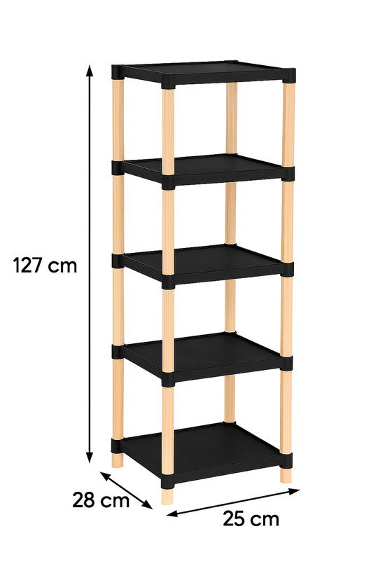 Fixwood Houten Modulaire Opbergrek – Massief Hout & Kunststof – Badkamerrek, Keukenrek of Plantenrek – 127 cm Hoog – Zwart-Naturel