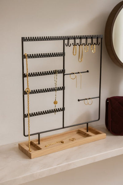 Sieradenhouder met Houten Bodem – Metalen Sieradenrek voor Kettingen, Oorbellen & Armbanden – Industrieel Design – Organizer voor Sieraden – Zwart & Hout