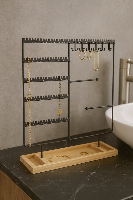 Sieradenhouder met Houten Bodem – Metalen Sieradenrek voor Kettingen, Oorbellen & Armbanden – Industrieel Design – Organizer voor Sieraden – Zwart & Hout