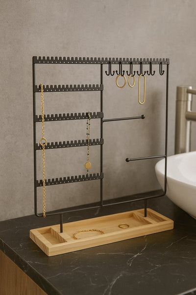 Sieradenhouder met Houten Bodem – Metalen Sieradenrek voor Kettingen, Oorbellen & Armbanden – Industrieel Design – Organizer voor Sieraden – Zwart & Hout