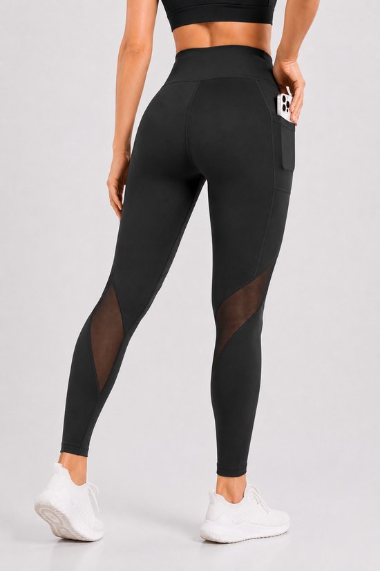 SparkNine Meshmotion sportlegging - dames - met zakken - M - zwart - stijlvolle mesh panelen - telefoon zakken - elastisch - squatproof