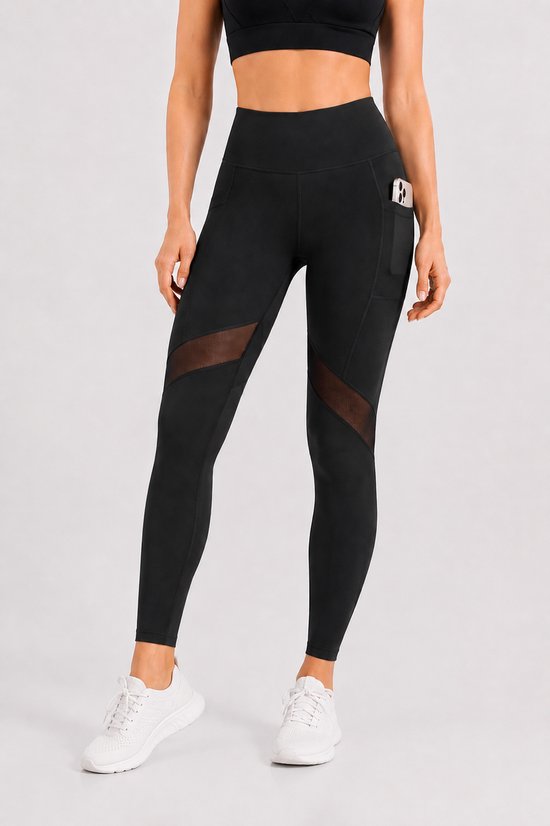 SparkNine Meshmotion sportlegging - dames - met zakken - M - zwart - stijlvolle mesh panelen - telefoon zakken - elastisch - squatproof