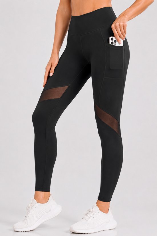 SparkNine Meshmotion sportlegging - dames - met zakken - XL - zwart - stijlvolle mesh panelen - telefoon zakken - elastisch - squatproof