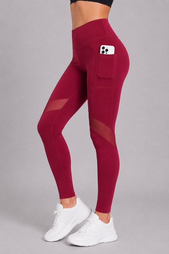 SparkNine Meshmotion sportlegging - dames - met zakken - M - rood - stijlvolle mesh panelen - telefoon zakken - elastisch - squatproof