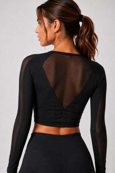 SparkNine Meshsleeve sporttop - longsleeve - XL - zwart - lange mouwen - stijlvolle mesh - ademend - crop design