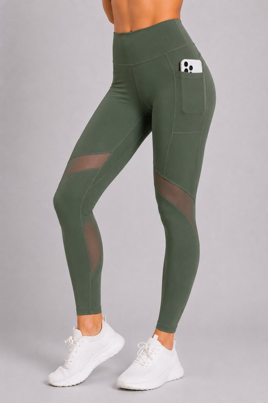 SparkNine Meshmotion sportlegging - dames - met zakken - L - groen - stijlvolle mesh panelen - telefoon zakken - elastisch - squatproof