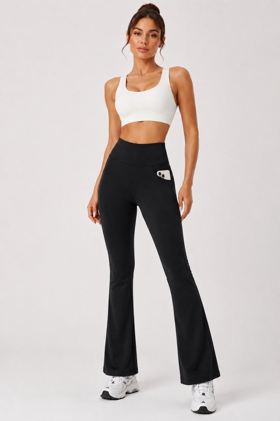 SparkNine Solara flare broek - M - zwart - hoge taille - uitlopend - voorzakken - stijlvol & comfortabel