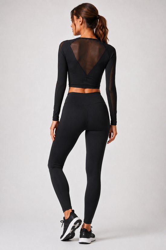 SparkNine Meshsleeve sporttop - longsleeve - XL - zwart - lange mouwen - stijlvolle mesh - ademend - crop design