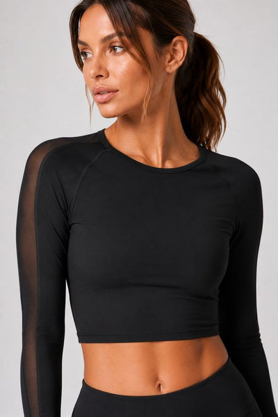 SparkNine Meshsleeve sporttop - longsleeve - XL - zwart - lange mouwen - stijlvolle mesh - ademend - crop design