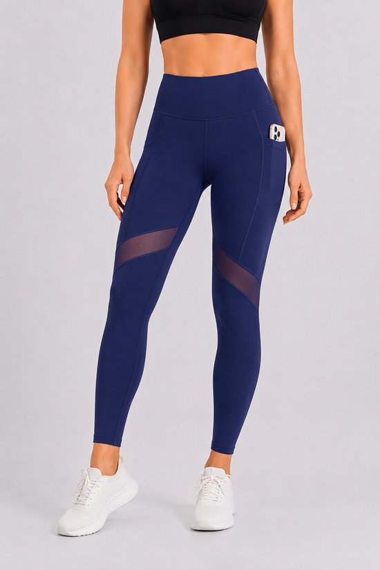 SparkNine Meshmotion sportlegging - dames - met zakken - S - blauw - stijlvolle mesh panelen - telefoon zakken - elastisch - squatproof