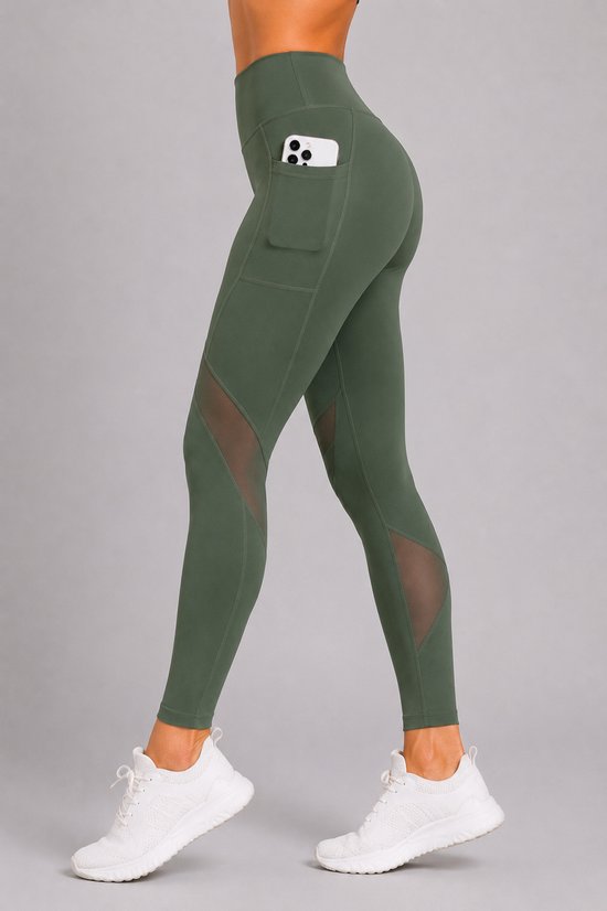 SparkNine Meshmotion sportlegging - dames - met zakken - L - groen - stijlvolle mesh panelen - telefoon zakken - elastisch - squatproof