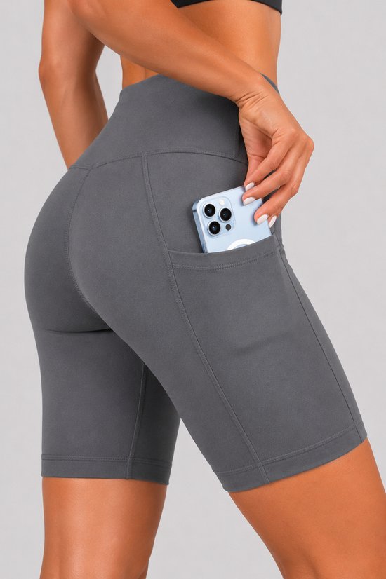 SparkNine Softflow korte sportbroek - met zakken - zachte stof - XXL - grijs - dames short - half lang - fietsshort