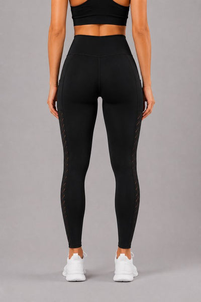 SparkNine Breathflex sportlegging dames - ademend - met zakken - L - zwart - geruite mesh panelen - met zakken - elastisch