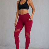 SparkNine Meshmotion sportlegging - dames - met zakken - M - rood - stijlvolle mesh panelen - telefoon zakken - elastisch - squatproof