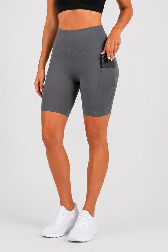 SparkNine Softflow korte sportbroek - met zakken - zachte stof - S - grijs - dames short - half lang - fietsshort