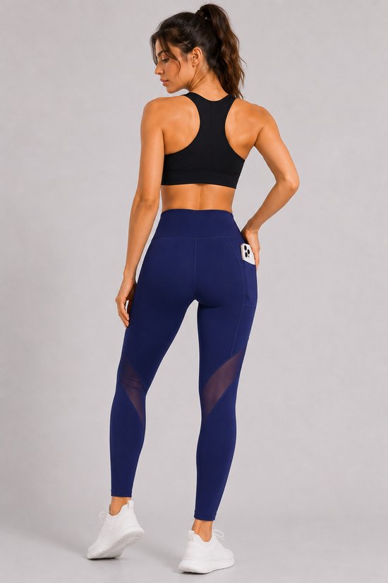 SparkNine Meshmotion sportlegging - dames - met zakken - S - blauw - stijlvolle mesh panelen - telefoon zakken - elastisch - squatproof