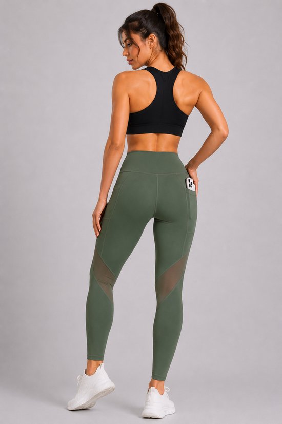 SparkNine Meshmotion sportlegging - dames - met zakken - L - groen - stijlvolle mesh panelen - telefoon zakken - elastisch - squatproof