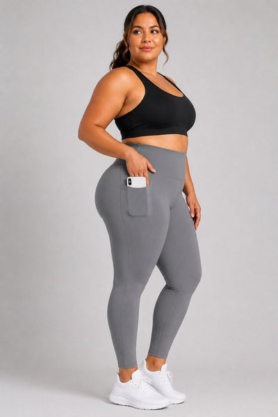 SparkNine Softcurve plus size legging - met zijzakken - L-XL - grijs - zachte stof - ademend - niet doorschijnend